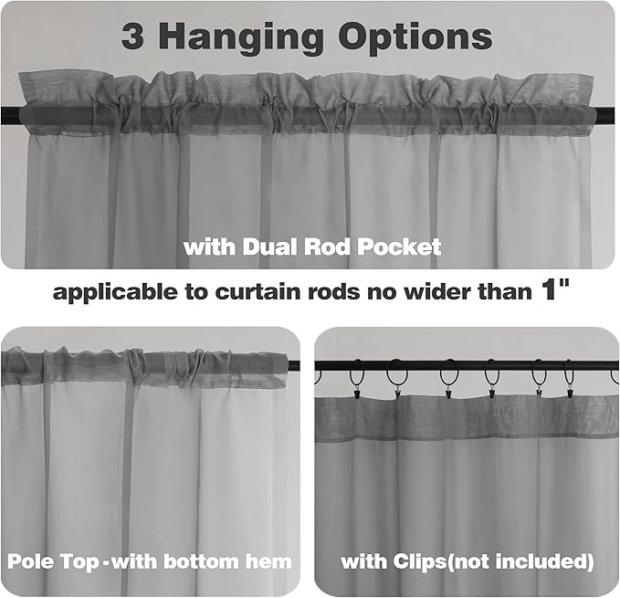 Chyhomenyc Sheer Window Curtains Tier 2 Pieces Set, 36 inch Length, Short Dining Curtains Window Treatment for Small Windows/Bathroom/Cafe/Living Room, Rod Pocket, Charcoal Grey