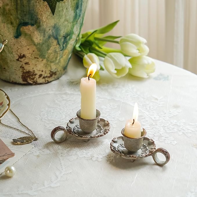 NIKKY HOME Mini Taper Candle Holders Set of 2, Rustic Metal Candlestick for Table Centerpieces, Wedding Decor and Dinner Party, Grey