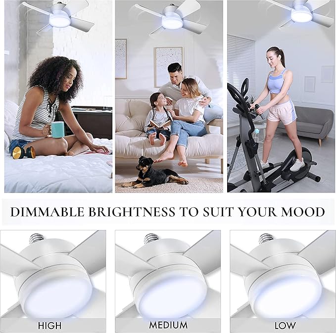 Bell+Howell Socket Breeze Modern Ceiling Fans with LED Lights, 10" LED E26/E27 Screw Base Mini Light Socket Fan with Cord for Bedroom, Living Room, Kitchen, Balcony