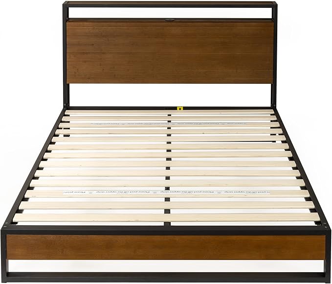 ZINUS Suzanne Bamboo and Metal Platform Bed Frame with Headboard Shelf and USB Ports, No Box Spring Needed, Wood Slat Support, Easy Assembly, King