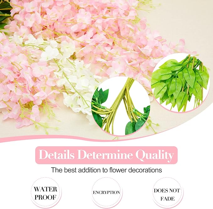 Giegxin 36 Pcs Artificial Wisteria Hanging Flowers 3.6 ft Artificial Fake Wisteria Vine Rattan Hanging Garland Silk Flowers String for Wall Home Wedding Party Greenery Decorations (Pink,White)