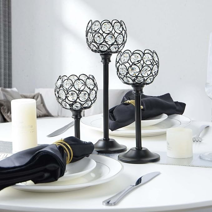 Crystal Metal Tealight Candlestick, Bling Bowl Candelabras, Tall Crystal Votive Candle Holders Elegant Crystal Candle Centerpiece for Dining Table Wedding Decor (Set of 3, Balck)