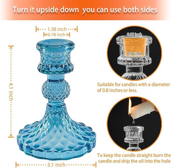 Glass Candlestick Holder,Striped Taper Candle Holders,Set of 6 Candle Stand for Table Centerpieces, Home Decor,Weddings,Festival and Parties (Bule Dimond)