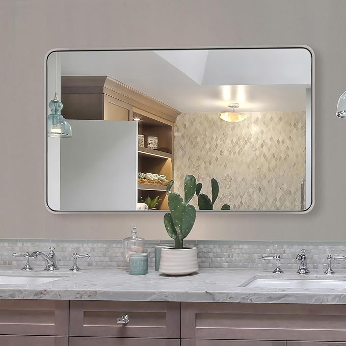 ANDY STAR 30x48 Inch Brushed Nickel Bathroom Mirror, Rounded Corner Brushed Silver Mirror, SUS304-Anti-Rust Metal Tube Frame Wall Mounted Horizontal/Vertical 1’’ Deep