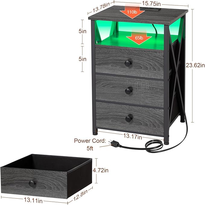 AMHANCIBLE Night Stand Set 2, LED Nightstand with Charging Station, End Side Tables with USB Port & Outlet, Bedside Table with Fabric Drawers for Bedroom Living Room, Dark Grey, HET053LDG