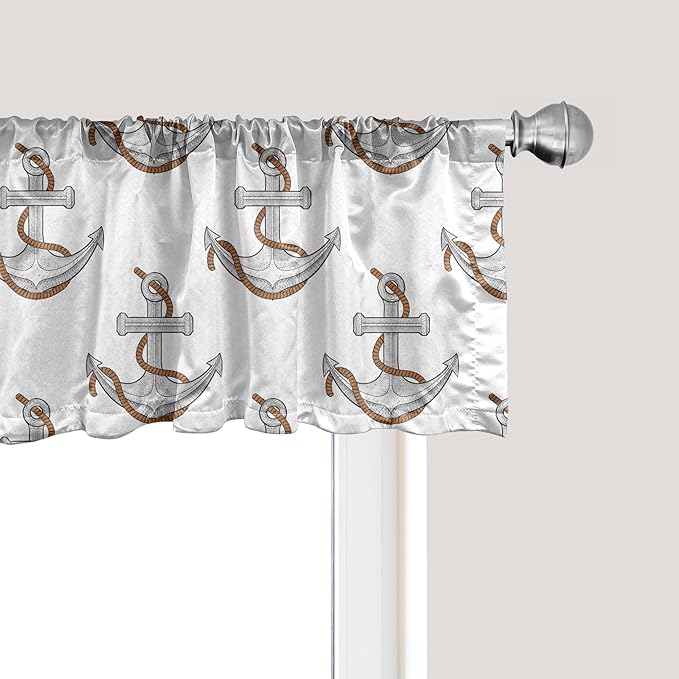 Ambesonne Vintage Nautical Tattoo Window Valance Pack of 2, Repetitive Anchor and Motif Maritime Pattern, Rod Pocket Curtain Valances for Kitchen Bedroom, 54" X 12", Pale Cinnamon Pale Grey