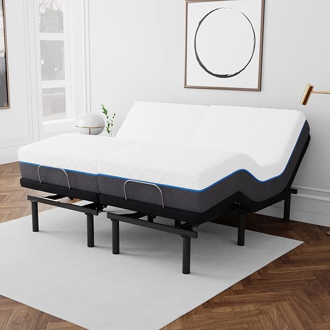Blissful Nights e3 Split Cal King Adjustable Bed Base Frame with 12" Plush Gel Infused Memory Foam Mattress