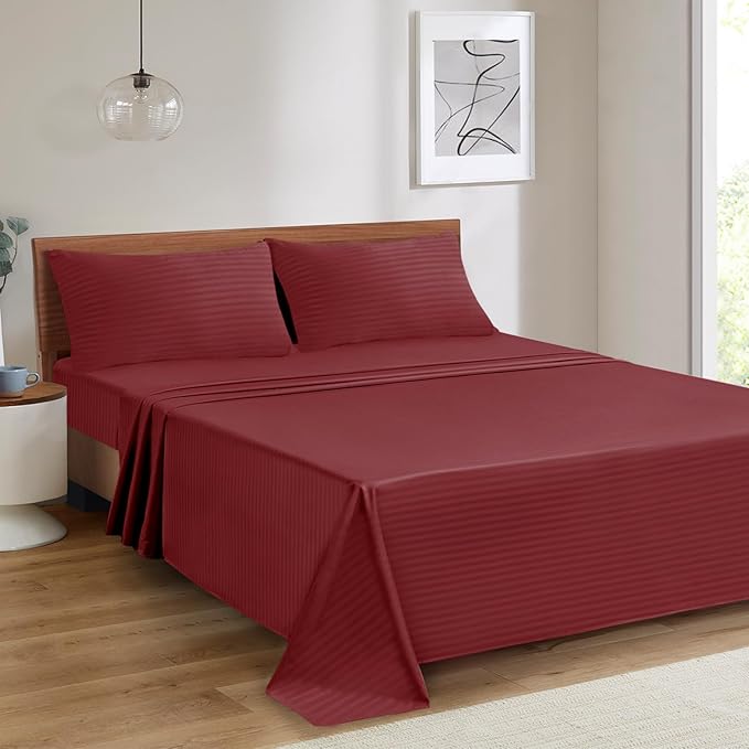 Mejoroom Striped King Size Bed Sheet Set - Hotel Luxury 1800 Bedding Sheets & Pillowcases - 16" Deep Pocket Fitted Sheet, Soft, Breathable, Wrinkle & Fade Resistant - 4 Piece(02-Burgundy)