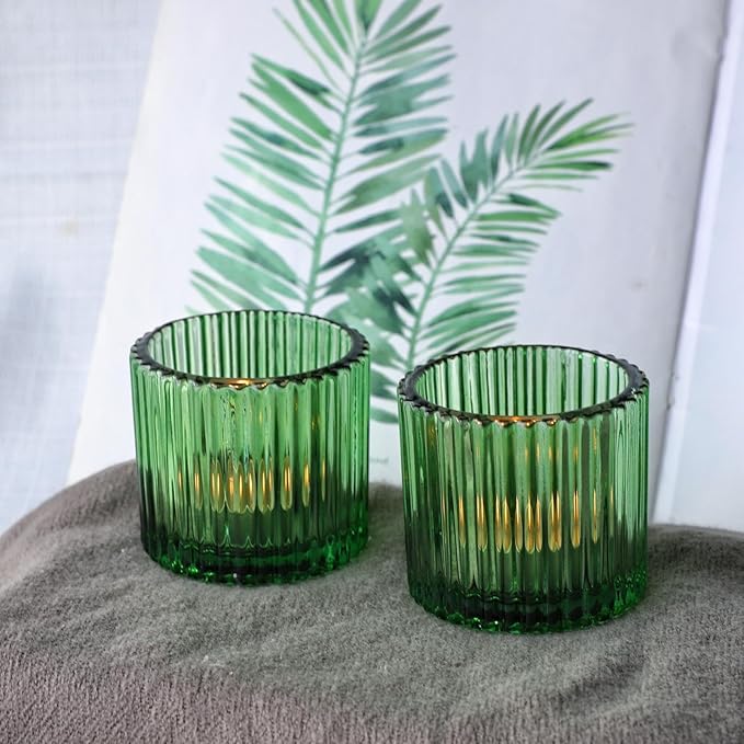 VOHO Large Votive Candle Holders 2.75'' x 2.56'' Set of 6, Ribbed Candle Holder for Votive/Tea Lights Candles, Green Votive Holder for Halloween/Christmas Holiday