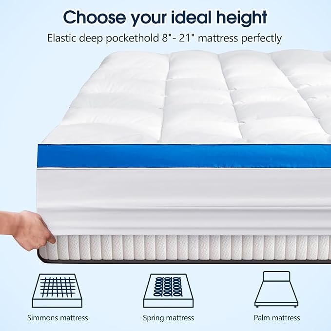 Full Size Mattress Topper, CYMULA Cooling Mattress Pad Cover PillowTop for Bed Back Pain, Futon Mattress Protector Extra Thick Firm Soft Fill Overfilled with 8-21 Inch Deep Pocket, 54"x75"White