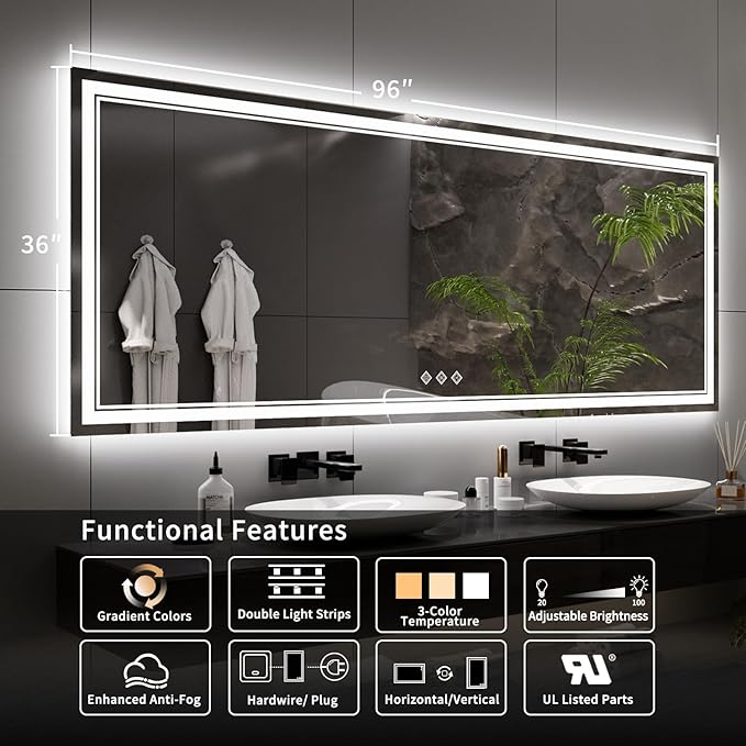 Bathroom Mirror with Lights, 96x36 Inch Gradient Front and Backlit Big Lighted Bathroom Mirror, 3 Colors Dimmable CRI>90 Double Lights, IP54 Enhanced Anti-Fog, Wall Mount LED Mirror