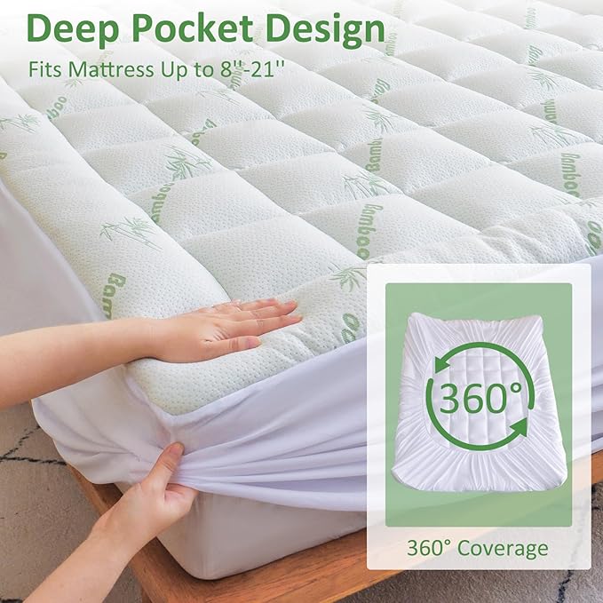 Bioeartha Cooling Mattress Topper California King – Extra Soft Pillow Top Mattress Pad, Breathable Viscose Made from Bamboo Mattress Protector for Back Pain Relief, Deep Pocket Cover Fits 8–21 Inch