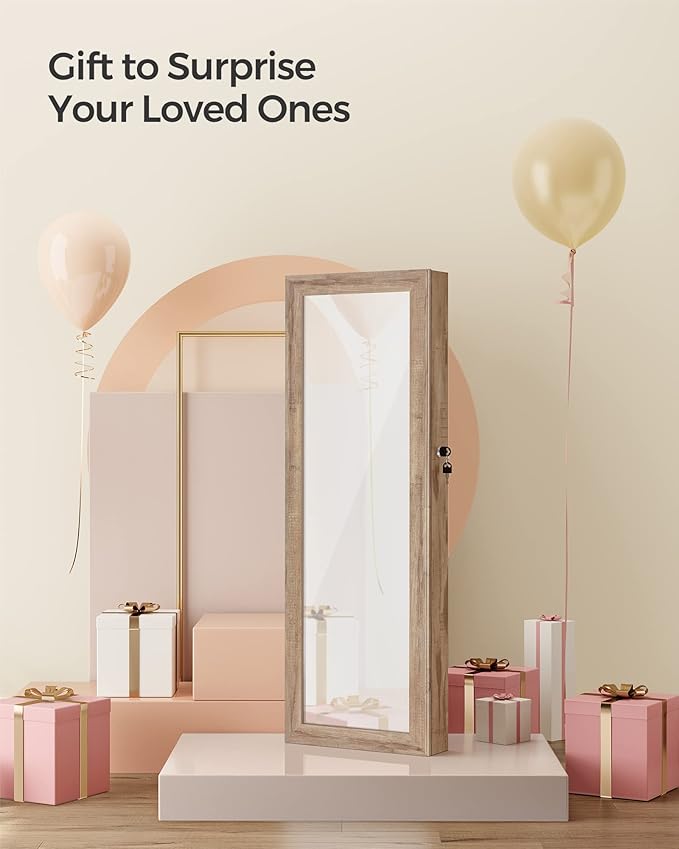 SONGMICS 6 LEDs Mirror Jewelry Cabinet, 47.2-Inch Tall Lockable Wall or Door Mounted Jewelry Armoire Organizer with Mirror, 2 Drawers, Christmas Gift, 3.9 x 14.6 x 47.2 Inches, Toasted Oak Color