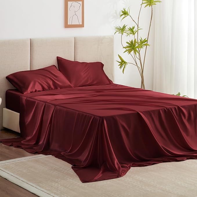 Love's cabin 4Piece California King Satin Bed Linen Set, Burgundy Silky Satin Sheets, Deep Pocket, Luxury Silk Feel, 1 Flat, 1 Fitted Sheet, 2 Pillow Cases