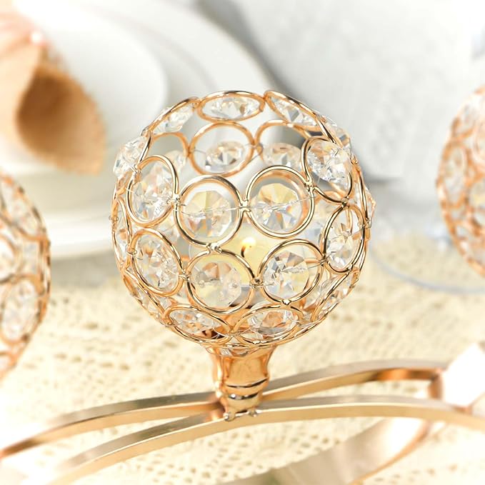 Crystal Tealight Candle Holder Centerpiece Home Decorative Candlestick Holder Elegant Table Centerpiece Home Decor Wedding Party Anniversary (Gold, 3 Arm of 4 Pcs)