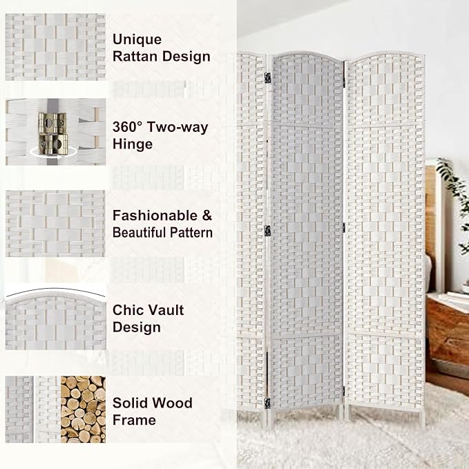 Rose Home Fashion 6 ft Tall Room Divider, Room Dividers and Folding Privacy Screens, 15.7in Privacy Screen 3 Panel Partition Temporary Wall Separation for Private, White