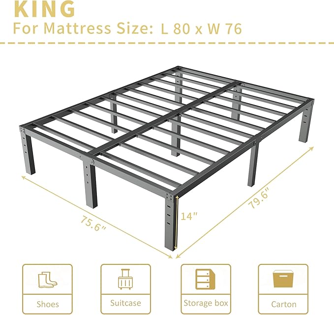 ALDRICH 14 Inch Metal King Size Bed Frame - Double Black Basic Steel Slats Platform, Easy Assembly Heavy Duty Noise Free Bedframes, No Box Spring Needed