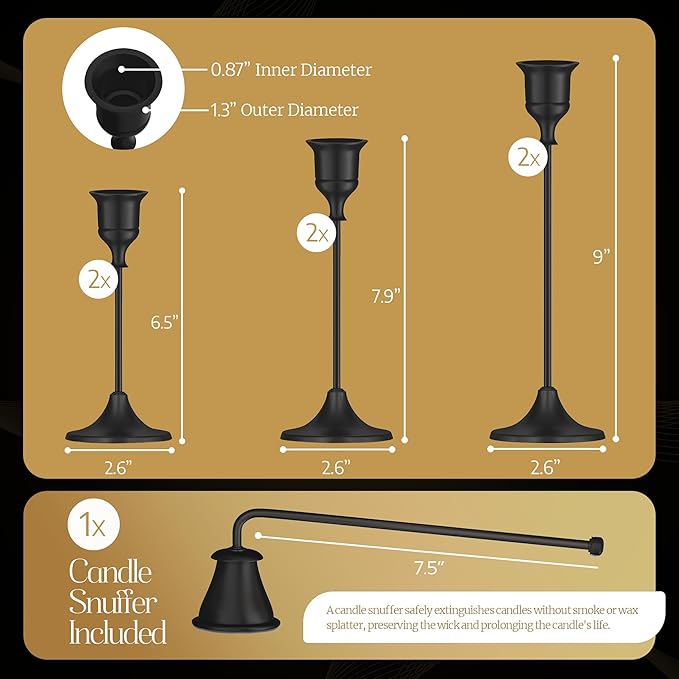 Black Candleholders for Taper Candlesticks Plus Candle Snuffer – Dining Table Décor Centrepiece - Metal Candelabra Candlestick Holder - Black Décor for Home Weddings Celebrations Events (Set of 6 Pcs)