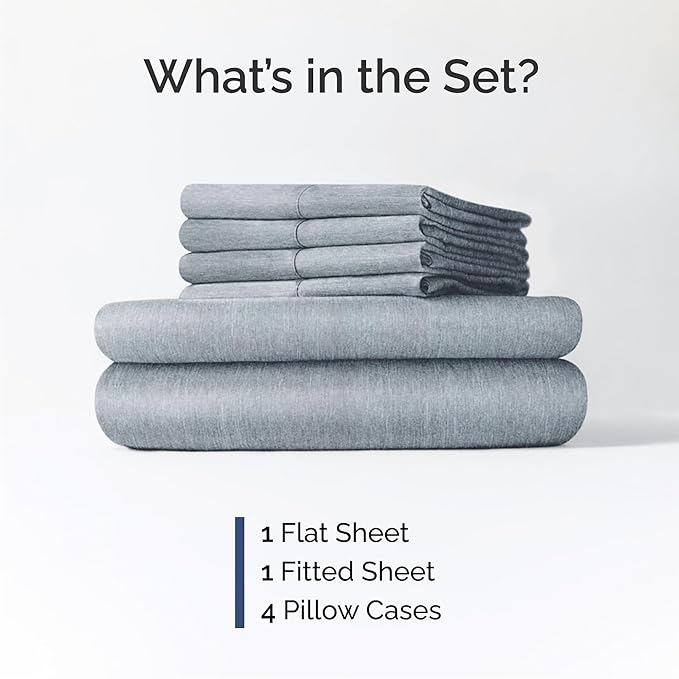 Queen 6 Piece Sheet Set - Comfy Breathable & Cooling - Soft Hotel Luxury Bedding Set with 8-16 Inch Deep Pockets - 1 Flat & 1 Fitted Sheet & 4 Pillowcases - Wrinkle Free & Easy Care - Heathered Blue