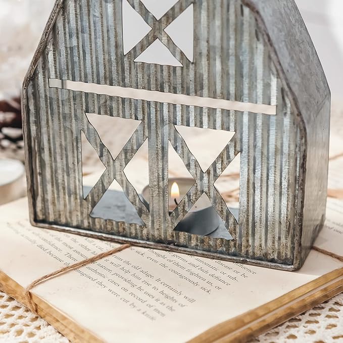 Barn Shaped Tea Light Candle Holder Farmhouse Galvanized Metal Candle Holder Vintage Decorative Tealight Holder for Table Centerpiece Decoration - 5.24" x 1.97" x 9.25"