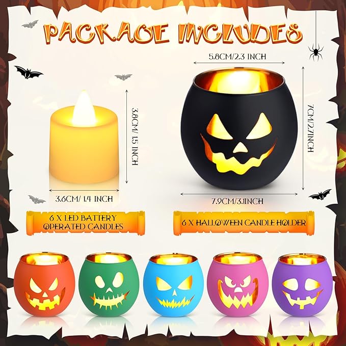 VIHOSE 6 Set Halloween Candle Holders Grimace Glass Votive Holder Tea Light with LED Battery Operated Candles Halloween Table Decorations for Home Table Centerpiece Decor Gifts