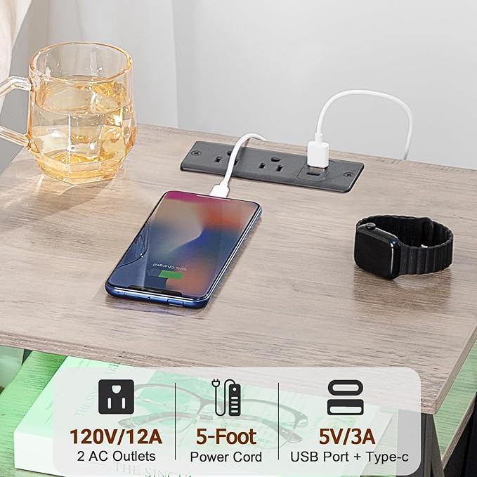 AMHANCIBLE LED Night Stand, Nightstand with Charging Station, Smart End Side Table with USB Port & Power Outlet, Bedside Table with 3 Fabric Drawers for Bedroom, Living Room, Greige HET053LGY1