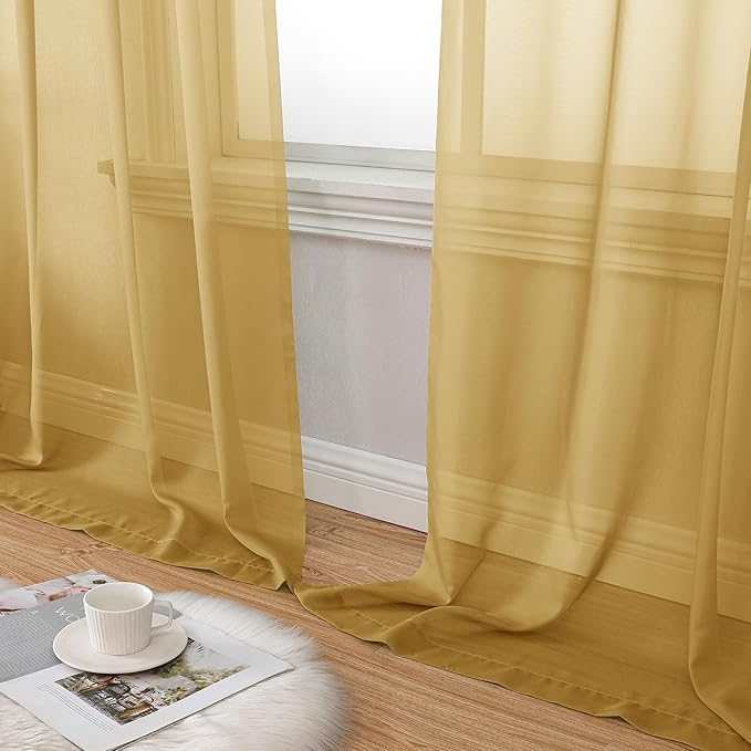 Aiyufeng Gold Sheer Curtain 90 Inches Long 2 Panels Set, Light Filtering Gold Window Curtain Drapes Treatment for Kitchen, Bedroom,Children Room, Dual Rod Pocket, 2 Pack of 42 x 90"