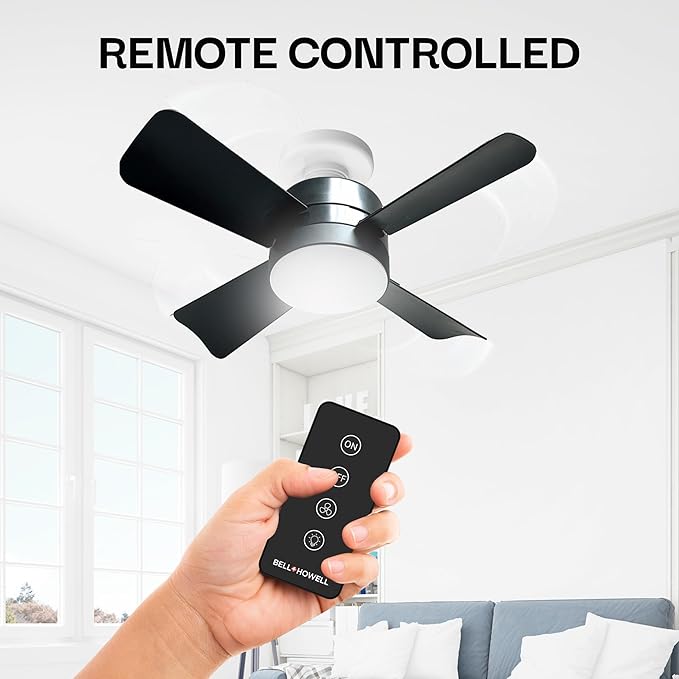 Bell+Howell Socket Breeze Deluxe, Small Ceiling Fan with LED Light and Remote, Adjustable Speeds and Brightness, Light Socket Fan for Bedroom, Kitchen, Living Room, 1000 Lumens