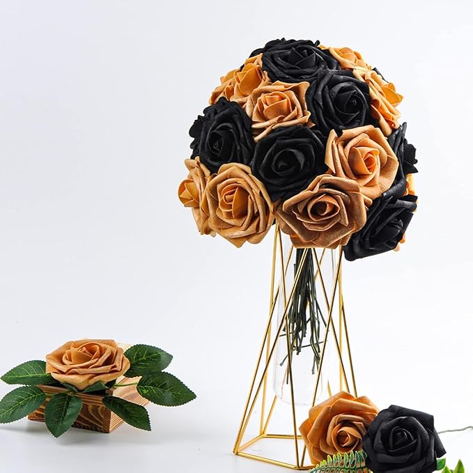 Black and Gold Flowers Artificial Roses for Centerpieces, 50PCS Fake Flowers for Wedding Decorations Bouquets Baby Shower Centerpieces Home Decor Arrangements Party