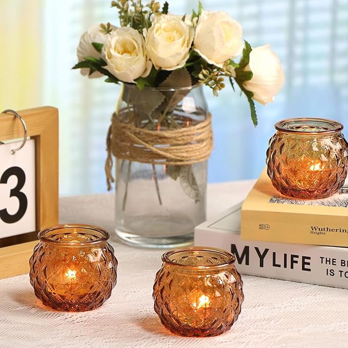 DARJEN Amber Votive Candle Holders Set of 24 - Round Glass Candle Holders for Table Centerpiece, Tea Lights for Home & Vintage Wedding Decorations