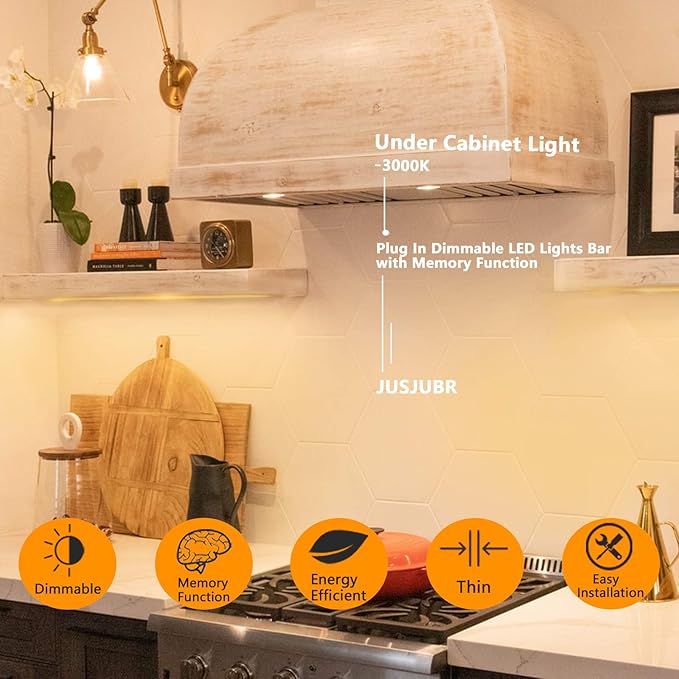 JUSJUBR Under Cabinet LED Sink Light - 12 Inch, Warm White 3000K Dimmable USB Light Bar with Memory Function, Slim Design for Room (No Plug)