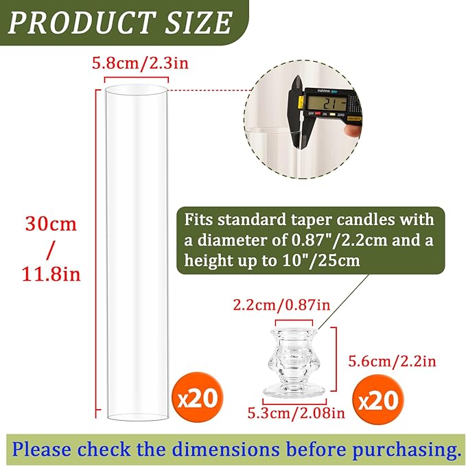 Hurricane Glass Candle Holders, Set of 20 Candlestick Holders for Taper Candles with 11.8" Tall Windproof Cylinder Cover Candle Stand Bulk for Table Centerpieces on Wedding Birthday Housewarming Decor