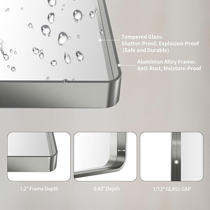 LOAAO 36X36 Inch Brushed Nickel Bathroom Mirror, Rounded Rectangle Silver Metal Frame Mirror, Brushed Nickel, Anti-Rust, Shatter Proof, Hangs Horizontally or Vertically