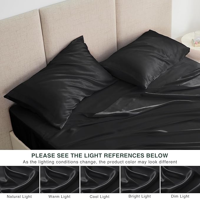 Love's cabin Satin King Sheet Sets - 4 Piece Black Silky Sheets King Size Bed Set with Deep Pocket, Luxury Silk Feel King Size Satin Sheet Set (1 Flat Sheet,1 Fitted Sheet,2 Pillow Cases)