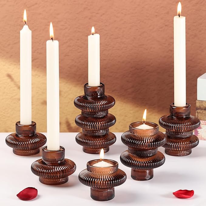 Brown Candlestick Holders Set of 10, Taper Candle Holders for Fall Wedding Table Centerpiece, Ribbed Glass Votive Candle Holders for Dinner Party Halloween Thanksgiving Decor