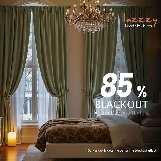 Lazzzy Velvet Blackout Curtains Thermal Insulated Room Window Drapes Super Soft Luxury Curtains for Living Room Bedroom Rod Pocket 2 Panels, Olive Sage, 62" W x 90" L