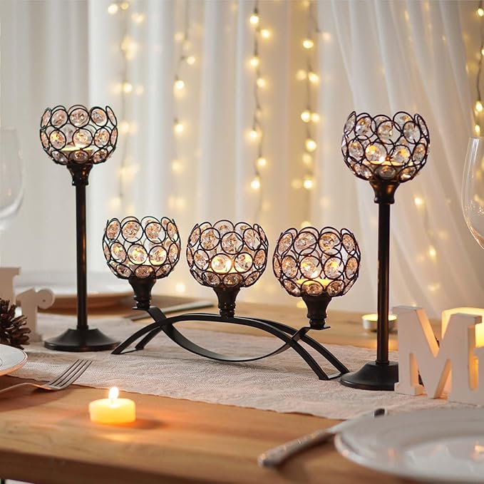 Crystal Tealight Candle Holder Centerpiece Home Decorative Candlestick Holder Elegant Table Centerpiece Home Decor Wedding Party Anniversary (Black, Set of 3)