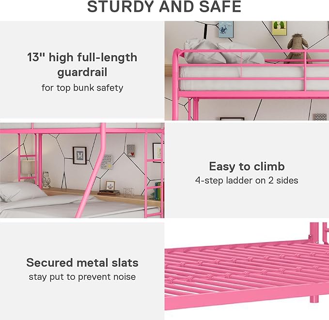 DHP Dusty Metal Bunk Bed Frame, Twin-Over-Full for Kids, Teens, Adults, Angled Ladder, Guardrail, No Boxspring, Small Spaces, Pink
