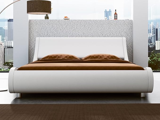 SHA CERLIN Modern Low Profile Platform Bed Frame Queen Size, Stylish Faux Leather Upholstered Sleigh Bed with Adjustable Headboard, No Box Spring Needed, White