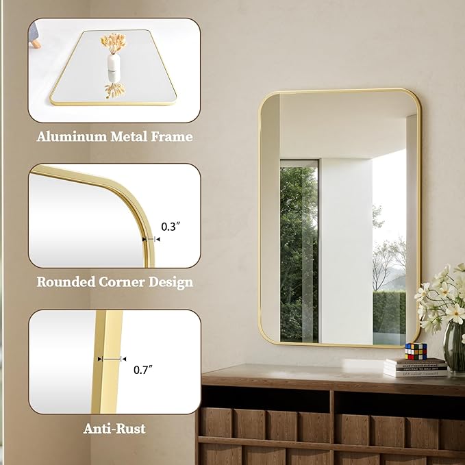 BEAUTYPEAK 26" x 38" Rectangular Aluminum Alloy Frame Wall Mounted Bathroom Mirror with Rounded Corners, Gold