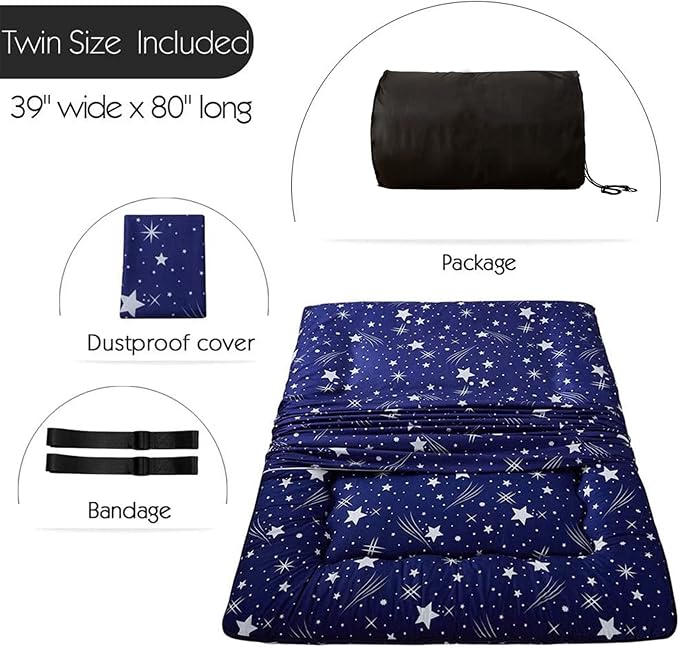 MAXYOYO Navy Starry Sky Japanese Futon Mattress, Tatami Mat Portable Camping Mattress, Kids Sleeping Pad, Foldable Roll Up Floor Lounger Couch Bed, Twin Size with Cover