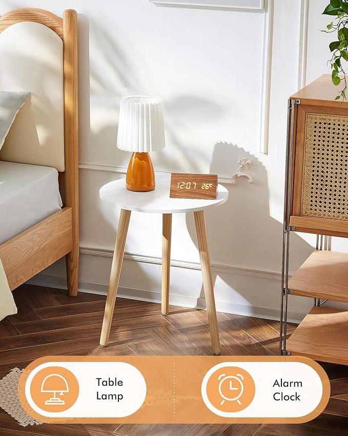Apicizon Round Side Table Set of 2, White Nightstand Coffee End Table for Living Room, Bedroom, Small Spaces, Modern Home Decor Bedside Table with Natural Wood Legs, 16.5 Inches