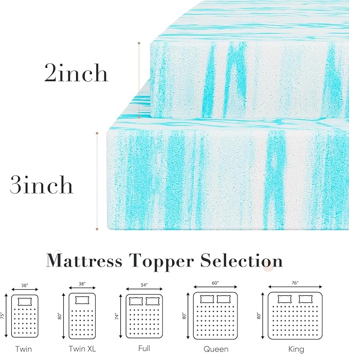 DUMOS 3 Inch Gel Memory Foam Mattress Topper King - Blue Soft Mattress Topper King Size for Back Pain, CertiPUR-US Certified, RV, Camper, CertiPUR-US Certified, Blue