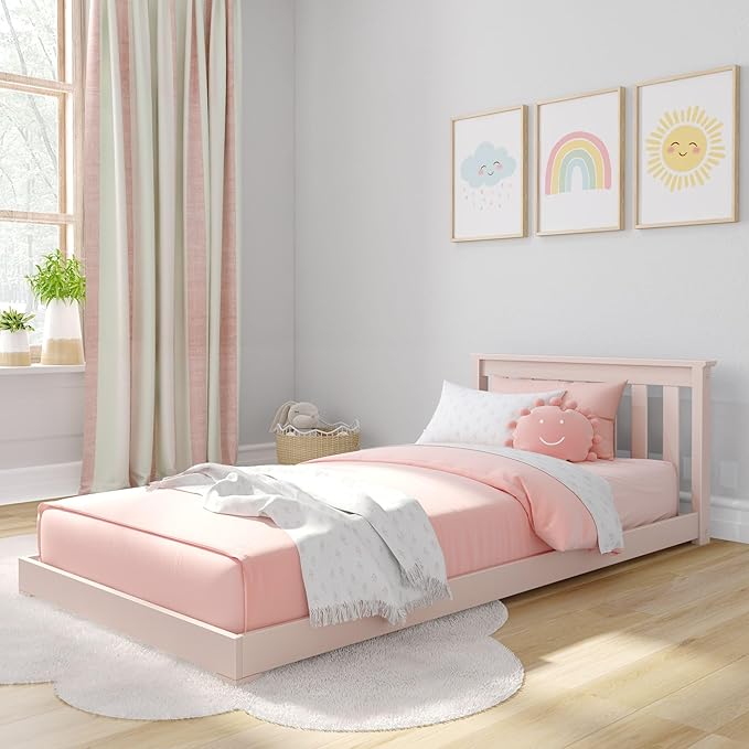 Max & Lily Classic Twin Floor Bed, 79.75 Inches, Solid Wood Low Bed Frame for Kids, Modern Floor Bed for Bedroom, Blossom