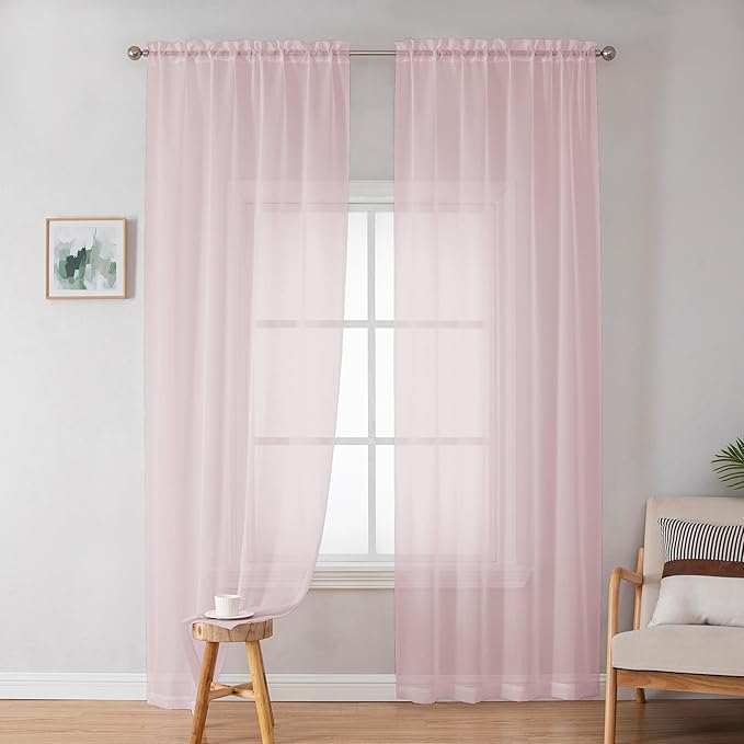 OWEINE Sheer Curtains 84 Inches Long 2 Panels Set, Rod Pocket Fimly Voile Solid Blush Window Curtain Panels for Living Room Bedroom, Soft Voile Sheer Curtains & Drapes, Total 84 Inches Width