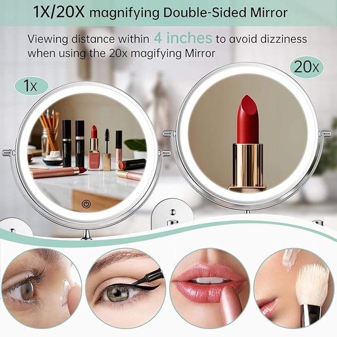 FUNTOUCH 2500mAh Rechargeable Wall Mounted Lighted Makeup Vanity Mirror 8 Inch Double Sided 1X 20X Magnifying Bathroom Mirror, 3 Color Lighting, Touch Dimming, Extended Arm 360° Light up Mirror