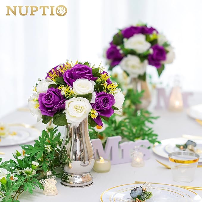 NUPTIO Pcs of 6 Fake Flower Ball Arrangement Bouquet,15 Heads Plastic Roses with Base, Suitable for Our Store's Wedding Centerpiece Flower Rack for Parties Valentine's Day Home Décor (Purple & White)