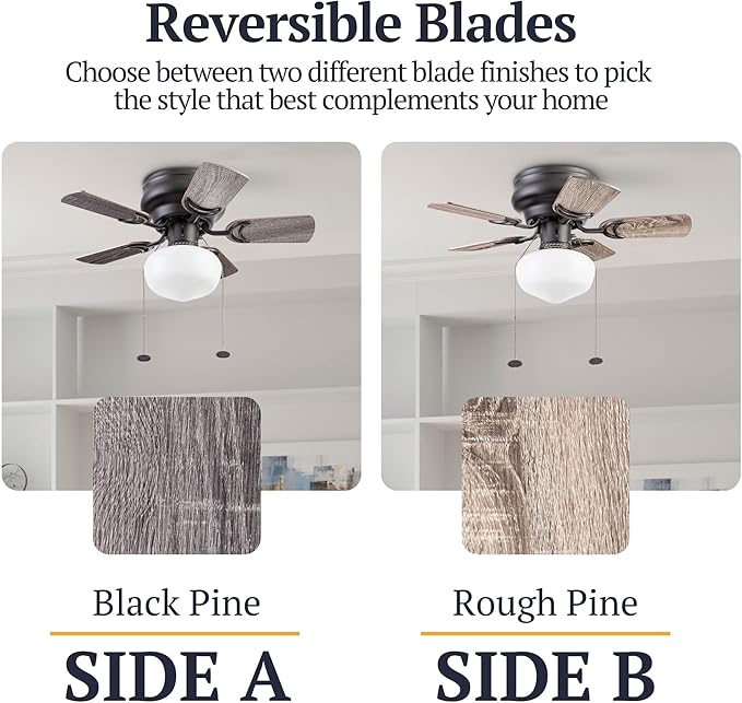 Prominence Home Hero, 28 Inch Traditional Flush Mount Indoor LED Ceiling Fan with Light, Pull Chain, Dual Finish Blades, Reversible Motor - 51655-01 (Bronze)