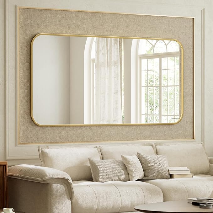 BEAUTYPEAK Gold Rectangular Bathroom Mirror - 30" x 48" Wall Mounted Aluminum Alloy Frame Mirror with Rounded Corners for Bedroom Living Room, Horizontal or Vertical