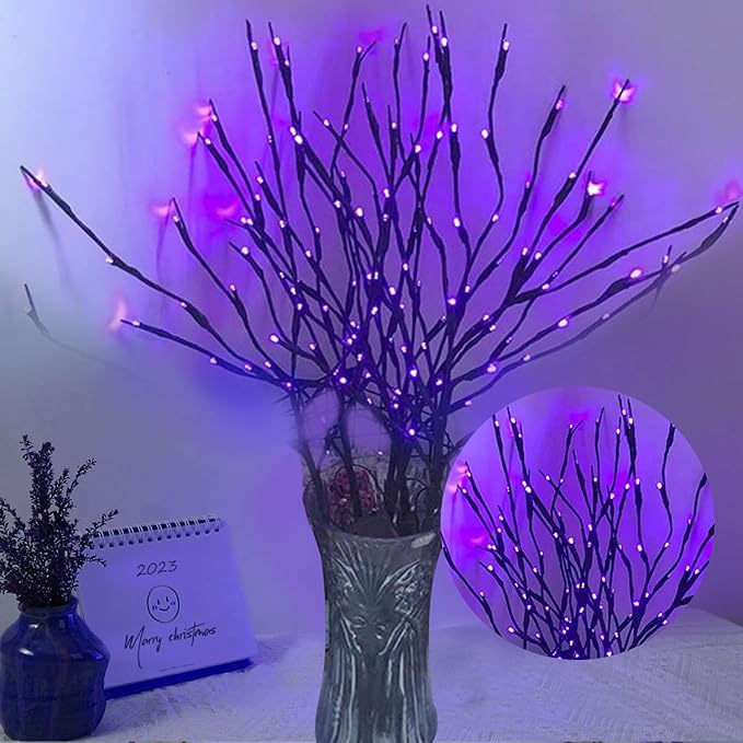 DK177 2 Pack Led Branch Light Battery Operated Lighted Branch Vase Filler Willow Tree Artificial Little Twig Power Brown 30 Inch 20 LED for Home Outdoor Indoor Romantic Decoration, Purple Light